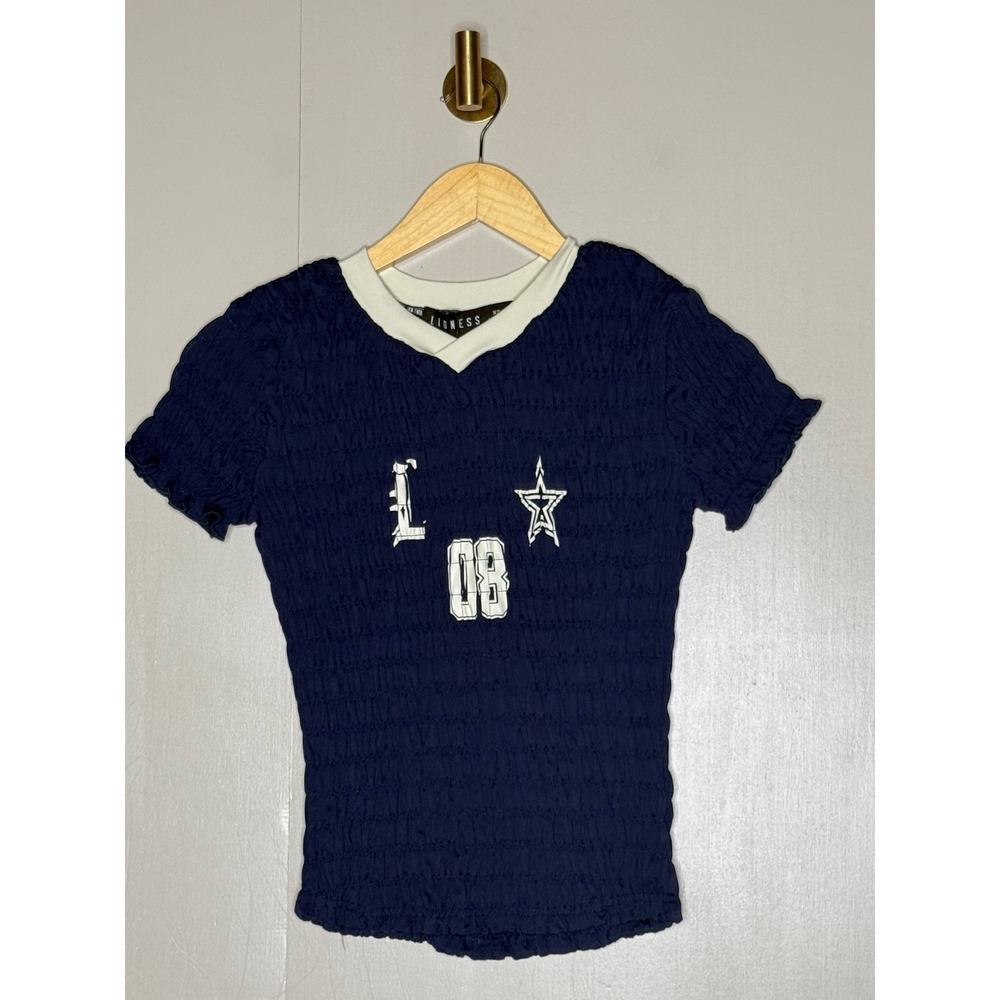 Lioness Navy Blue Smocked Baby Tee XS Varsity Graphic Y2K NWT
